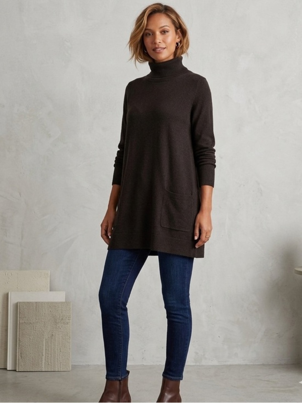 CAbi Womens Medium # 3476 Cotton Knit Brown Fireside Turtleneck Tunic Sweater M